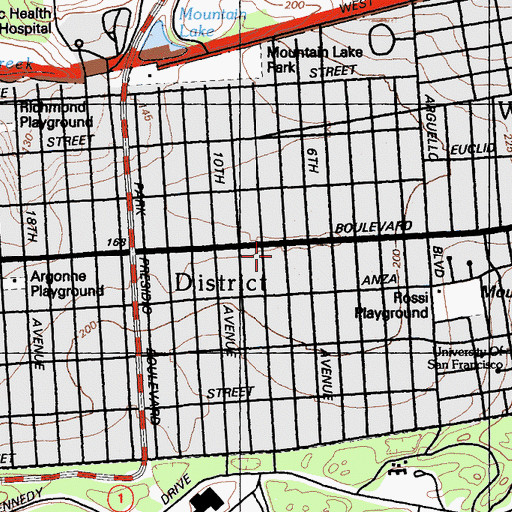 Topographic Map of Park Presidio United Methodist Church, CA