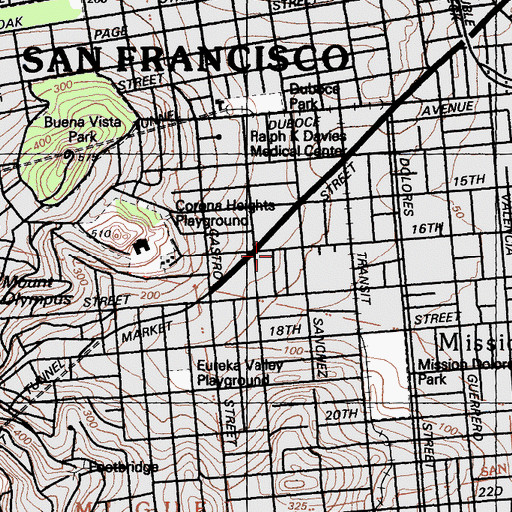 Topographic Map of Eureka Valley-Harvey Milk Memorial Branch Library, CA