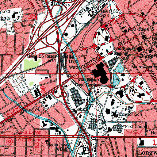 Topographic Map of Downtown Huntsville Post Office, AL