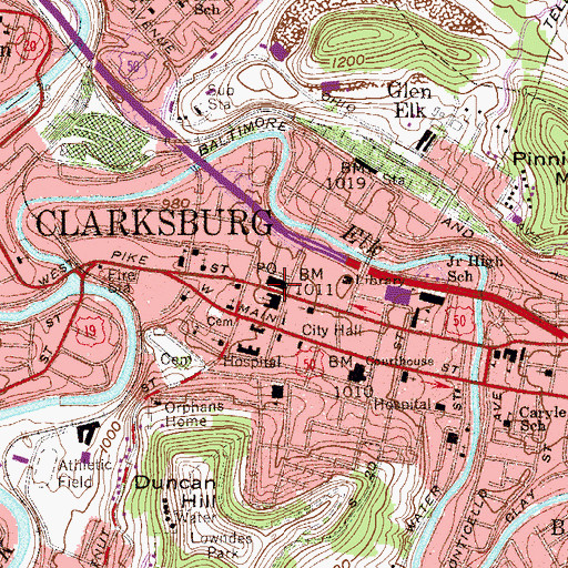 Topographic Map of Downtown Clarksburg Post Office, WV