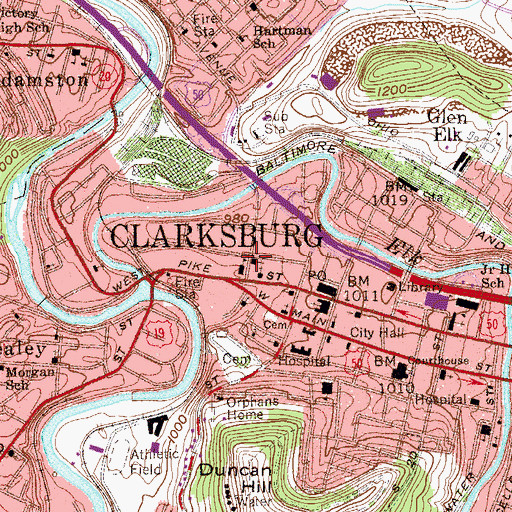 Topographic Map of Clarksburg United Methodist Temple, WV