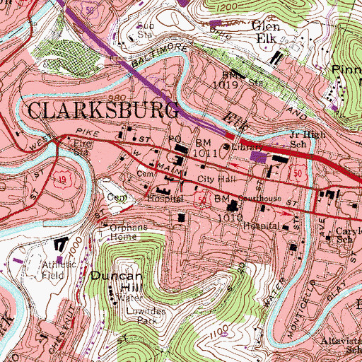 Topographic Map of Clarksburg Fire Department Central Station, WV