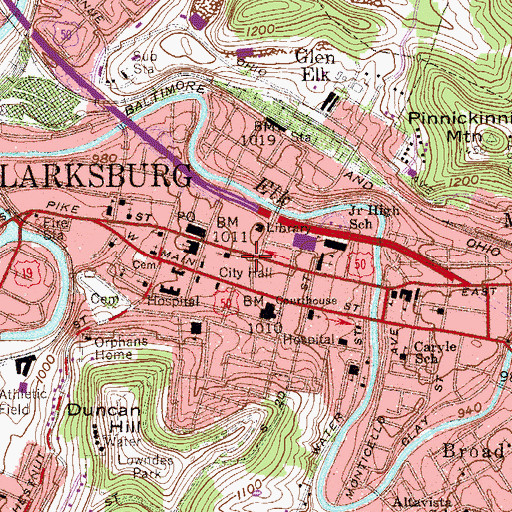Topographic Map of Clarksburg Downtown Historic District, WV