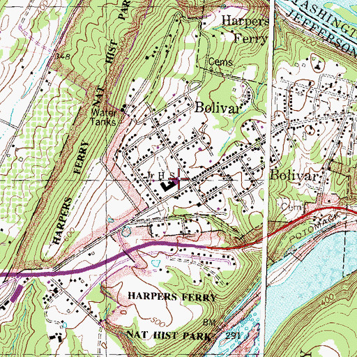 Topographic Map of Harpers Ferry Middle School, WV