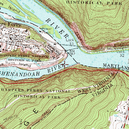 Topographic Map of Shenandoah Bridge (historical), WV