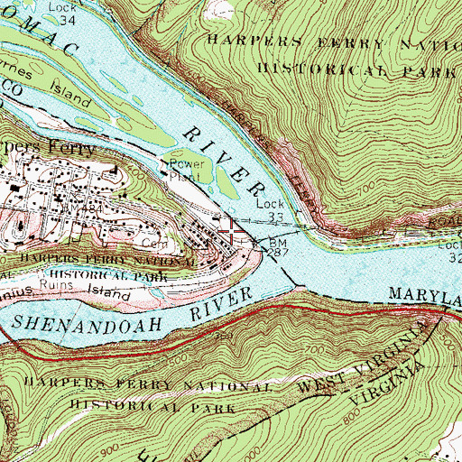 Topographic Map of United States Armory and Arsenal at Harpers Ferry (historical), WV