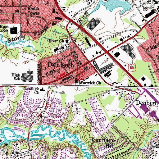 Topographic Map of Warwick Church, VA