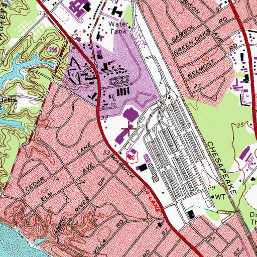 Topographic Map of Warwick Village Shopping Center, VA