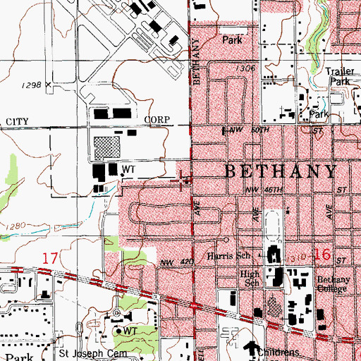 Topographic Map of Bethany First Assembly of God, OK