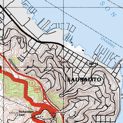 Topographic Map of Sausalito Public Library, CA