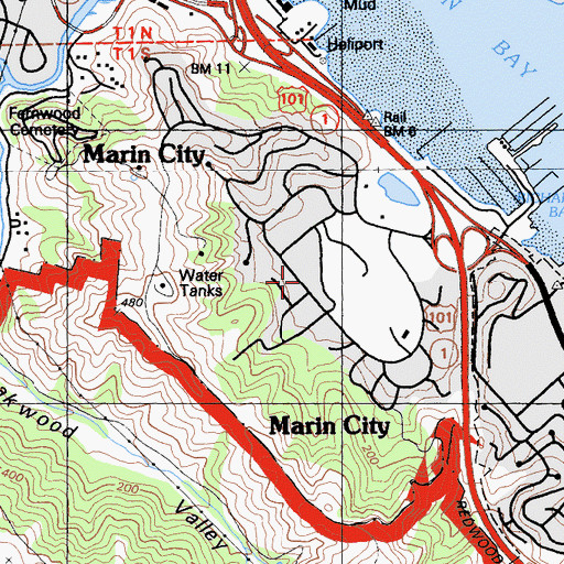 Topographic Map of Marin City Branch Marin County Free Library, CA