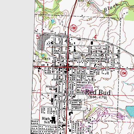 Topographic Map of Red Bud Historic District, IL