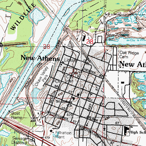 Topographic Map of New Athens City Hall, IL