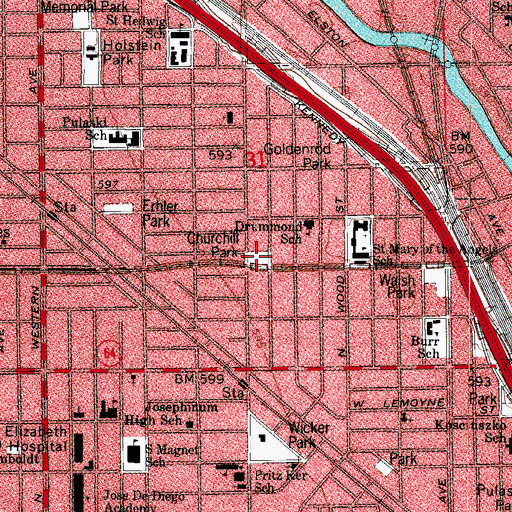 Topographic Map of Churchill Park, IL