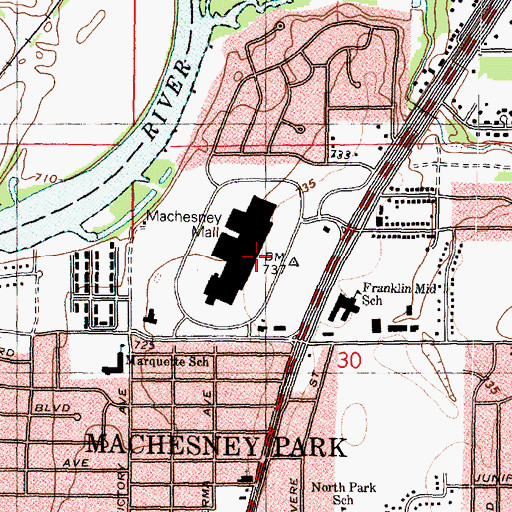 Topographic Map of Machesney Airport (historical), IL