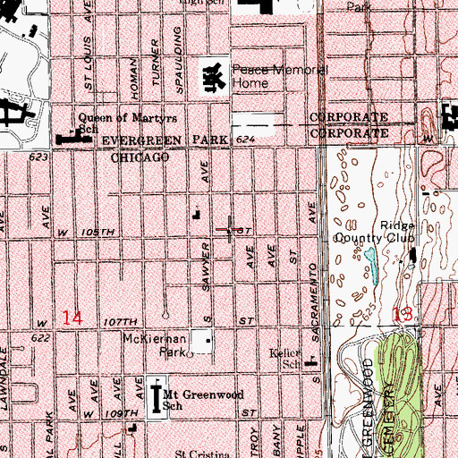 Topographic Map of Mount Greenwood Church of the Nazarene, IL