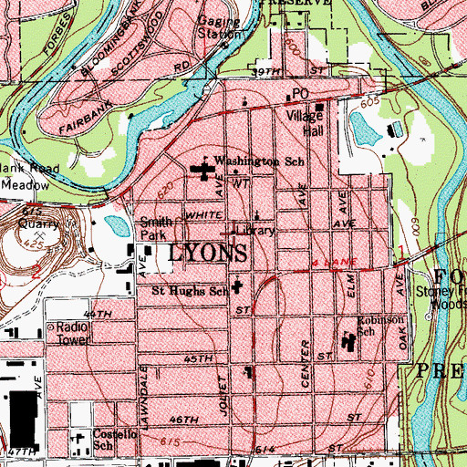 Topographic Map of Lyons Public Library, IL