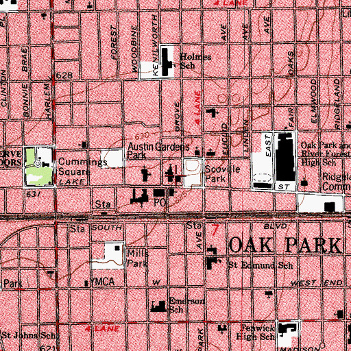 Topographic Map of Oak Park Public Library, IL