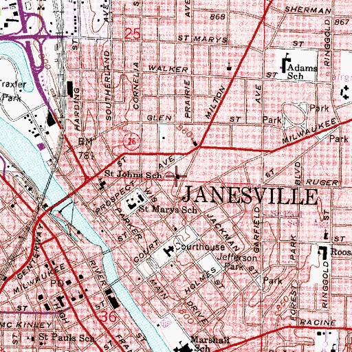 Topographic Map of Janesville Fire Department Station 1, WI