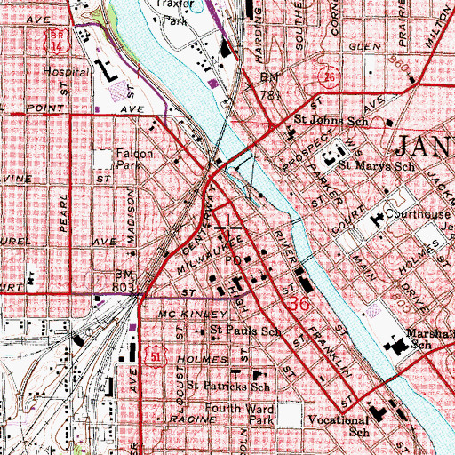 Topographic Map of Janesville City Hall, WI