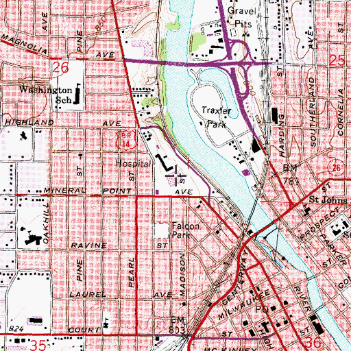 Topographic Map of Mercy Hospital and Trauma Center, WI