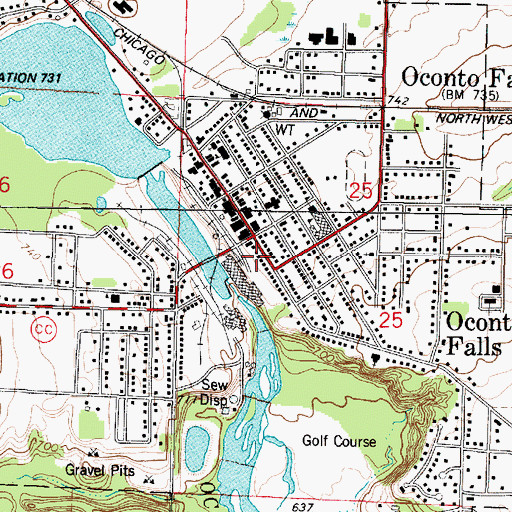 Topographic Map of Oconto Falls Hospital (historical), WI