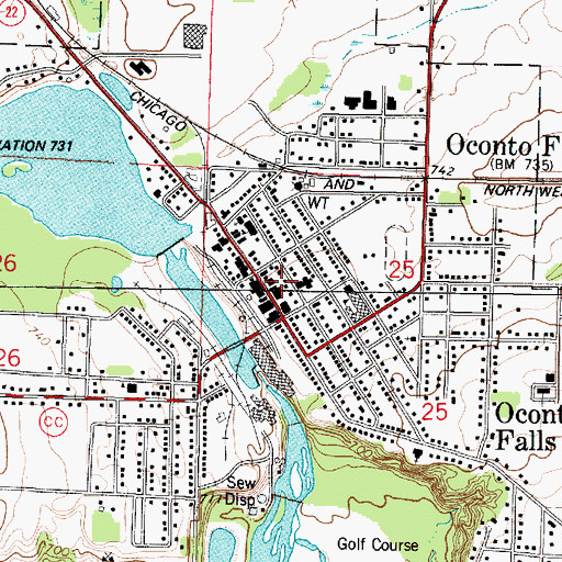 Topographic Map of Oconto Falls Post Office, WI