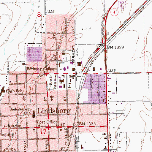 Topographic Map of Bethany College Gregory Hall, KS