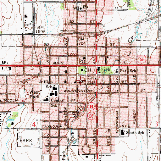 Topographic Map of Lyons City Hall, KS