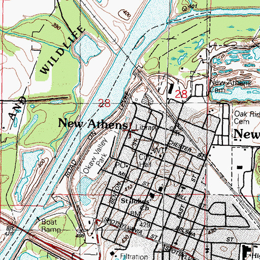 Topographic Map of New Athens District Library, IL