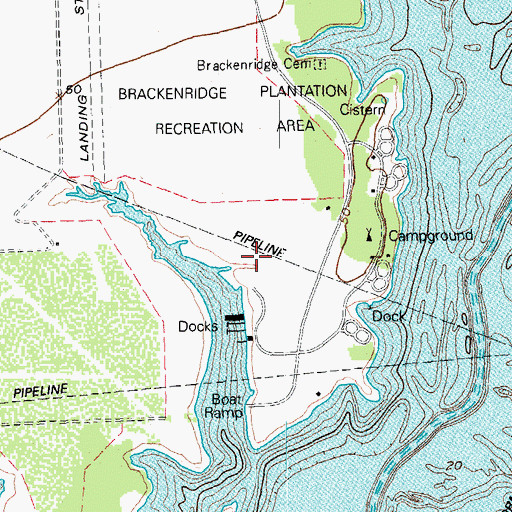 Topographic Map of Brackenridge Plantation Recreation Area, TX