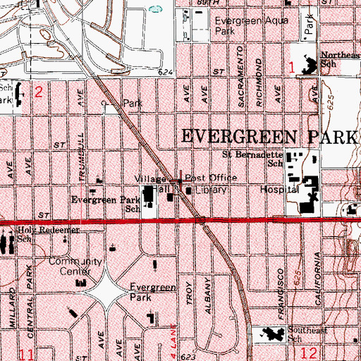 Topographic Map of Evergreen Park Post Office, IL