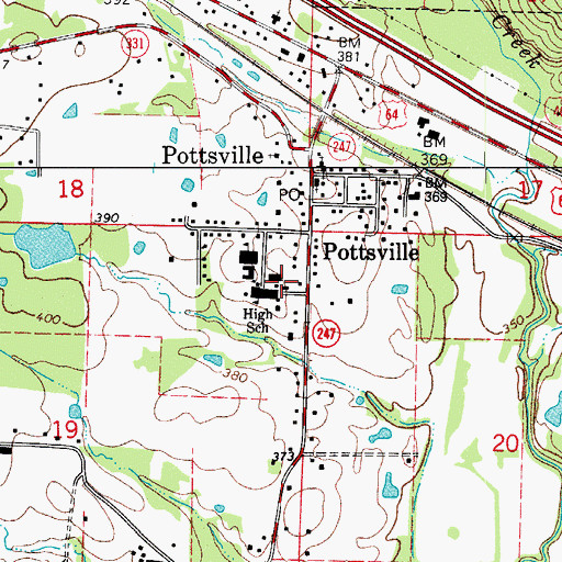 Topographic Map of Pottsville Middle Grade School, AR