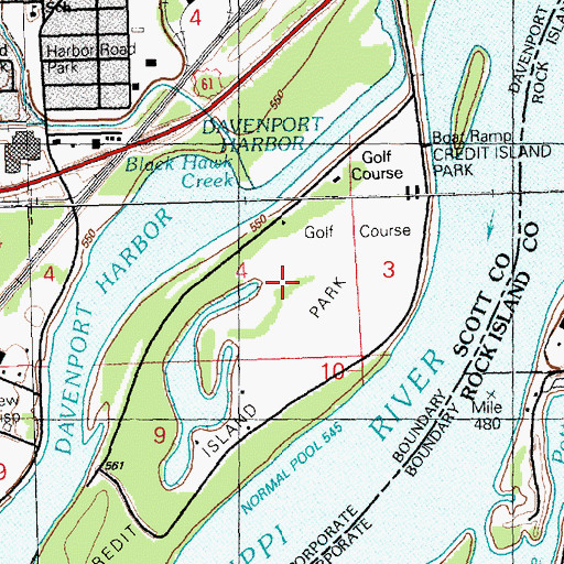Topographic Map of Credit Island Golf Course, IA