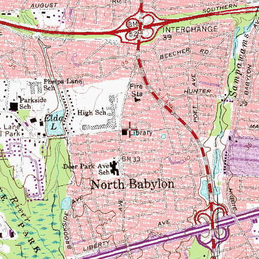 Topographic Map of North Babylon Public Library, NY