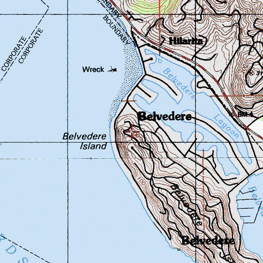 Topographic Map of Belvedere Island, CA