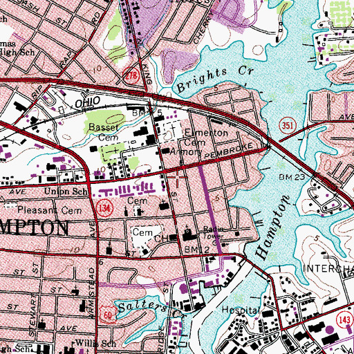 Topographic Map of Hampton Courts Facility, VA