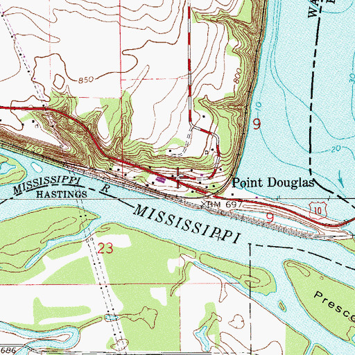 Topographic Map of Point Douglas Post Office (historical), MN