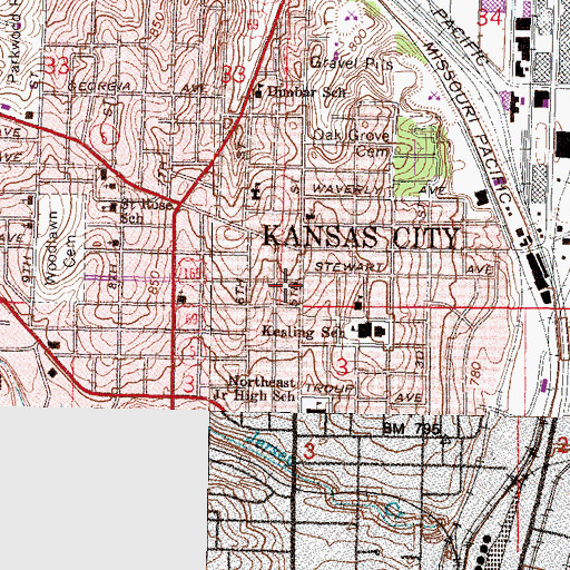 Topographic Map of Strangers Rest Baptist Church, KS
