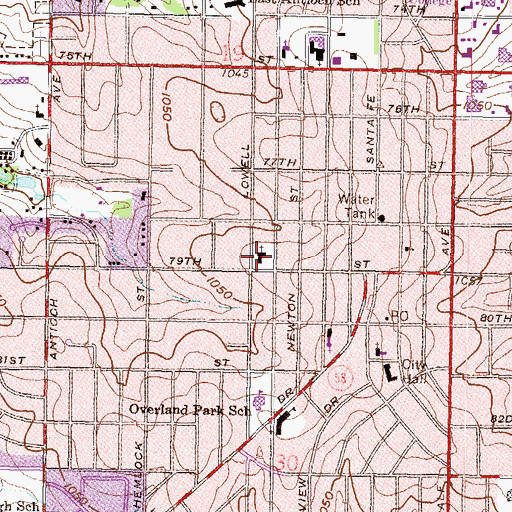 Topographic Map of Overland Park Lutheran Church, KS