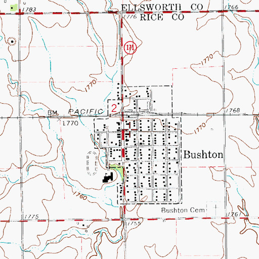 Topographic Map of Bushton Volunteer Fire Department, KS