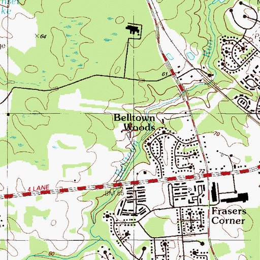 Topographic Map of Belltown Woods, DE