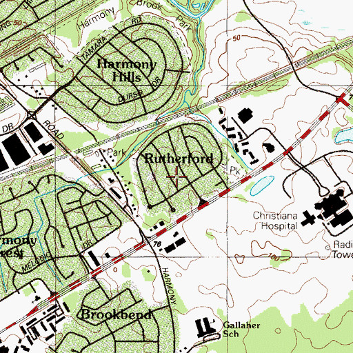 Topographic Map of Rutherford, DE