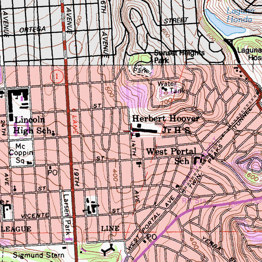 Topographic Map of Herbert Hoover Middle School, CA