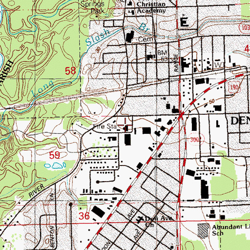 Topographic Map of Denham Springs Police Department, LA