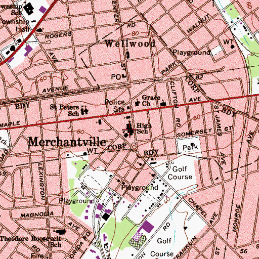 Topographic Map of Merchantville School, NJ