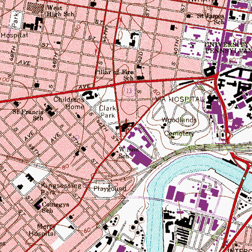 Topographic Map of University of the Sciences in Philadelphia, PA