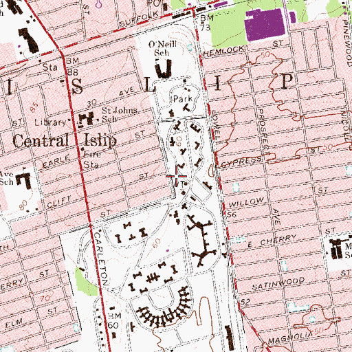 Topographic Map of Central Islip Census Designated Place, NY