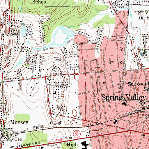 Topographic Map of Monsey Census Designated Place, NY
