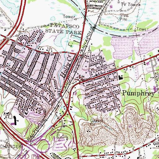 Topographic Map of Pumphrey Census Designated Place, MD